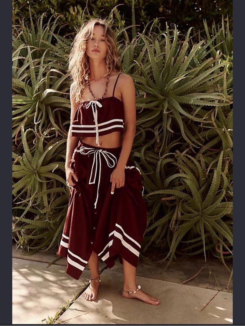Free People Burgundy High-Low Midi Skirt with White Stripe Trim